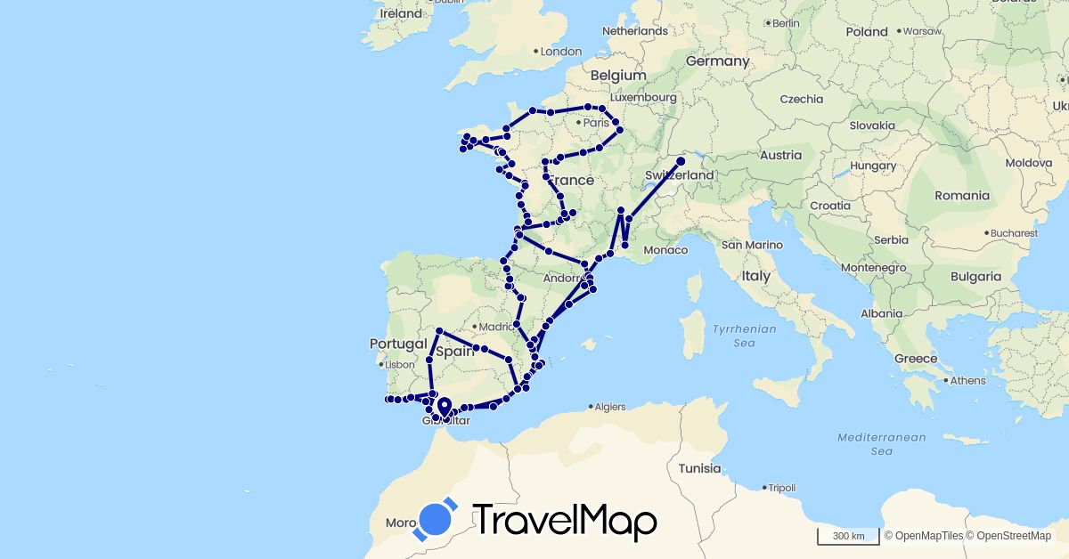 TravelMap itinerary: driving in Switzerland, Spain, France, Portugal (Europe)