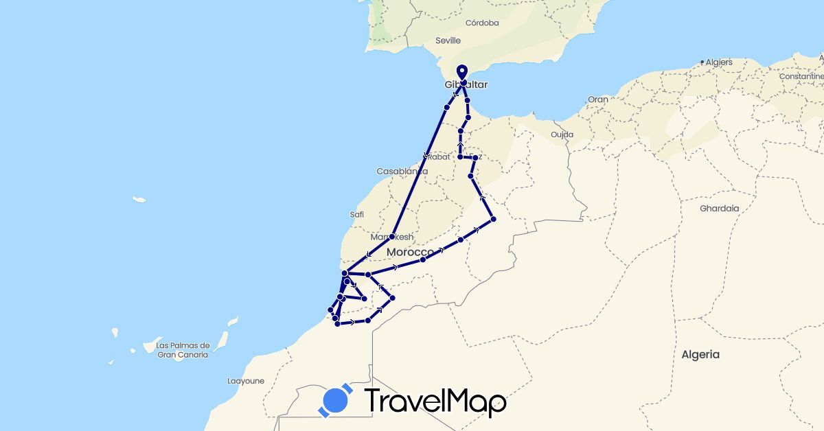 TravelMap itinerary: driving in Spain, Morocco (Africa, Europe)